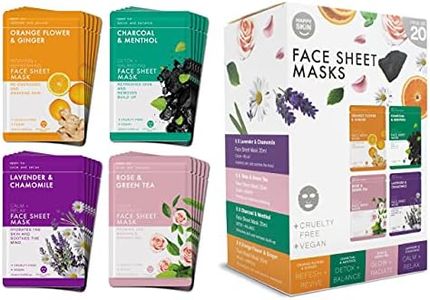 Pack of 20 Happy Skin Sheet Face Masks for all Skin Types | Over 1 Million Sold | x5 Detoxifying Charcoal | x5 Brightening Rose & Green Tea | x5 Lavender & Chamomile | x5 Vitamin C Orange & Ginger