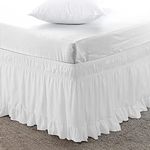 Lewondr Ruffled White Bed Skirt for Queen & King Size Bed, 15 Inch Drop, Wrap Around with Adjustable Elastic Belt Dust Easy Fit Wrinkle & Fade Resistant Silky Luxurious Fabric Solid Machine Washable