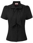 Fifties Style Women Elegant Office Tops Short Sleeve Tied Shirt with Front Buttons Black#819 Large