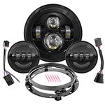 7 Inch Round LED Headlight Bulb kit With 4.5 Inch Passing Lamps Fog Lights Mounting Ring For Street Glide Ultra Classic Road King Electra Glide Heritage Softail Slim Deluxe Fatboy Tri CVO (Black)