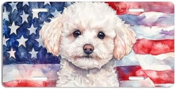 NGZ Bichon Frise License Plate, Funny Pet American Flag Painting Aluminum License Plate Suitable for Car, RVs, Bars, Fences, garages, etc. 12x6 Inch