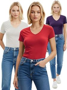 Emmalise Women's Plain Short Sleeve V Neck T Shirt(3P-Red/Prpl/Oat-2X)