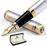 HDDNB Silver Luxury Fountain Pen Sets for Men and Women with Gift Box, 24K Gold Finish and Gilded Nib(Medium) with 5 Black Ink Cartridges and Converter