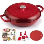 Overmont Cast Iron Braiser Enameled Cookware with Cookbook & Lid - 3.2 Quart Dutch Oven Pot with Enamel Coating for Braising, Stews, Roasting, Bread Baking