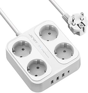 JSVER Regleta Enchufe con USB de 4 Tomas con 4 USB Puertos (3USB A+1 USB C) Protección contra Sobretensiones para el hogar, la Oficina y los Viajes Cable 1,8 m Blanco