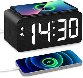 URAYCO Wood Digital Alarm Clock with 10W Fast Wireless Charger, USB Charging Ports, DST, Dimmable, Snooze, Large Number LED Display for Bedrooms, Desk, Living Room Table, Bedside, Nightstand (Black)