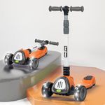 Baybee Dusty Kick Scooter for Kids, 3 Wheel Foldable Kids Scooter with 3 Height Adjustable Handle, Runner Scooter with Music & LED PU Wheels | Skate Scooter for Kids 3-12 Years Boy Girl (Orange/Grey)