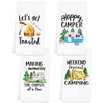 Camping Kitchen Towels Set of 4 Dish Towels White Kitchen Hand Towels Kit Printed with Funny Sayings Novelty Gifts for Campers Happy Camper Camping Accessories for RV Campers