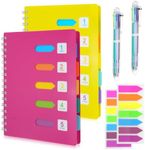 2Pcs 5 Subject Notebook, FHDUSRYO A5 Spiral Notebook with Dividers, Hardcover Notebook Double Wires Journal, 240 Pages Ruled Notebook with Pen Sticky Tab for Work, Home, School, Office (Pink Yellow)