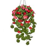 Artificial Hanging Flowers in Basket, Large Fake Begonia Flowers, Silk Red Faux Flowers in Coconut Basket for Home Farmhouse Balcony Indoor Outdoor Patio Garden Decor