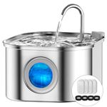 Cat Water Fountain, VinDox 108oz/3.2L Pet Water Fountain Stainless Steel, Dog Water Dispenser, Automatic Cat Fountain with Water Level Window, Quiet Pump, for Multiple Pets （4 Filters & 4 Sponge）