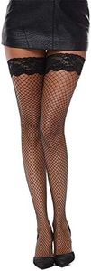 MANZI Women's Fishnet Thigh High Stockings with Silicone Lace Top 1 Pairs(Black-Small/Medium)