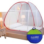 Classic Mosquito Net for Double Bed | Queen Size Foldable Machardani | Polyester 30GSM Strong Net | PVC Coated Corrosion Resistant Steel Wire - Red