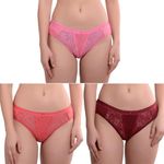 QUME99 Young Women's Lace net Panty- Pack of 3 Panties Hipster Style, Cotton Fabric, Mid-Rise, Soft, Light-Weight for Women XS, S, M, L, XL, XXL, 2XL (S, Pink, Maroon, Orange)