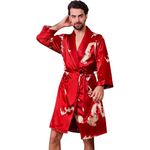 Haseil Men's Satin Robe Dragon Luxurious Silk Spa Long Sleeve House Kimono Bathrobe, Rose Red, XL