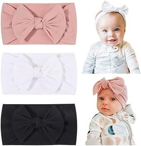 jollybows 3PCS Baby Nylon Headbands Hairbands Hair Bow Elastics for Baby Girls Newborn Infant Toddlers Kids (1-Black+White+Pink, 1 Count (Pack of 3))
