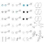 Thunaraz Surgical Steel Flat Back Stud Earrings for Women Men Hypoallergenic Cartilage Earrings Stud Hoops CZ Star Moon Heart Screw Back Earrings 20G Silver