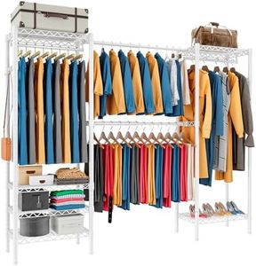 KZOBYD Expandable Wardrobe and Closet Organizer, Freestanding Clothes Rail with 6 Storage Shelves Heavy Duty Garment Rack with Double Hanging Rods Wardrobe Clothing Rack with Side Hooks (White)