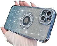 MINSCOSE Compatible with iPhone 15 Plus Glitter Case,Luxury Cute Sparkle Diamond Design with Bling Camera Protection Plating Logo View,Aesthetic Shockproof Bumper for Women Girls Phone Cover-Blue