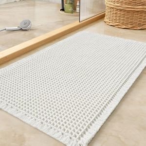 Waffle Bath Mat Rug, Super Absorbent Non Slip Bath Mats for Bathroom Mat Ultra Soft Bathmat Machine Washable Bathroom Rugs with Tassels, Bath Rugs for Bathroom Floor Beside Tub, 20" x 32", White