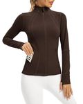 QUEENIEKE Workout Jackets for Women Full Zip Slim Fit Athletic Running Jacket with Thumb Holes (Roasted Brown, S)