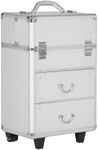 HOMCOM Aluminum Rolling Makeup Train Case, Portable Professional Cosmetic Makeup Case, Lockable Traveling Cart Trunk with Folding Trays, Swivel Wheels and Keys, Silver