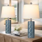 Farmhouse Ceramic Table Lamps Set of 2, Vintage Rustic Table Lamp Retro Bedside Nightstand Lamps with Fabric Shade for Living Room Bedroom End Table Home Office Dorm Decor Blue(2 LED Bulb Included)