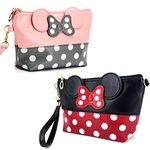 AHOLICSHOP 2 Pcs Cartoon Leather Travel Makeup Handbag, Cute Portable Cosmetic bag Toiletry Pouch for Women Teen Girls Kids, Black & Pink, 5.1x2.4x5.9 Inch (Pack of 1)