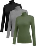 Ekouaer Women 3 Pack Turtleneck Shirts Ribbed Thermal Underwear Tops Lightweight Long Sleeve Layer Tees Basic Pullover Blouse XS (Black + Light Grey + Army Green)