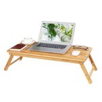 SONGMICS Bamboo Laptop Desk, Foldable Bed Table, for Left-hander, Right-hander, Height Adjustable Sofa Tray, 72 x (21-29) x 35 cm (B x H x T), with 5 Tilting Angles, Air Holes, Small Drawer LLD004