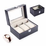 KLIFFOO 3 Slot Watch Box Organizer, Watches Storage Holder Organizer Necklace Bracelet with Transparent Window, PU Leather Lockable Case Removable Pillow, Organiser for Men and Women