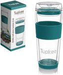 Tupkee Double Wall Glass Tumbler - 14-Ounce, All Glass Reusable Insulated Tea/Coffee Mug & Lid, Hand Blown Glass Travel Mug - Cyan