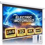 Projector Screen Motorized 100 Inch 16:9 HD Electric Projector Screen Pull Down with Remote, Automatic Projector Screens Wall Ceiling Mount Movie Screens for Projectors Outdoor Indoor, White