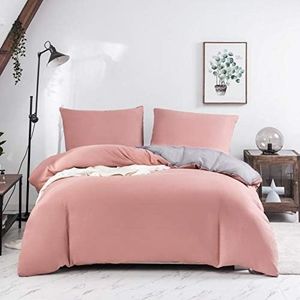 MOHAP Housse de Couette Réversible 220x240 / 65x65x2 cm Gris + Rose Parure de Lit Bicolore pour 2 Personnes Fermeture Éclair Sets de Housse Couette