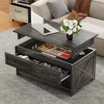 DWVO Farmhouse Coffee Table: Board Game Table with Removable Table Top, Puzzle Table with 4 Drawers & Power Outlet, 3-in-1 Living Room Coffee Table with Play Mat (Dark Grey)