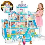 Doll House for Girls,11 Rooms Dollhouse with Dolls Figure, Puppies,Furnitures, Accessories, LED Light, Toddler Playhouse Gift for for 3 4 5 6 7 8 9 10 Year Old Girls Toys (Blue)