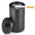 HONZUEN Ashtray, Stainless Steel Ashtrays with Lids Windproof Rainproof Automatically Extinguished Ash Trays, Thickened Ashtray Outdoor for Cigarettes, Ash Holder for Smokers Garden Bar Car, Black