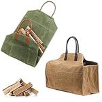 onmaru 2pcs Heavy Duty Waxed Canvas Log Carrier Tote, Large Fire Wood Bag, Firewood Holder, Outdoor Camping, BBQ Wood Stove Accessories. 2style (Open, Closed Side Wall) Tote Bag Combo, Green/Brown