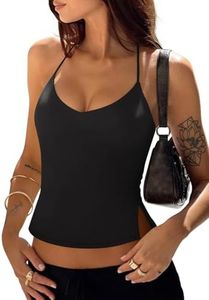PINKMSTYLE Tie Halter Cami Tops Backless Double Lined Tank Top Slim Fit Going Out Tops for Women Summer Black Large