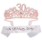 30th Birthday Gifts for Women, 30th Birthday Tiara and Sash, Dirty Thirty Crown/Crystal Tiara and Glitter Satin Sash,