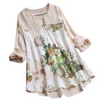 Blouse Vintage Sleeves Women Linen Printing V-Neck Patch Floral T-Shirt Top Long Women's Linen Blouse 5X Womens Linen (2-Beige, XXXXXL)