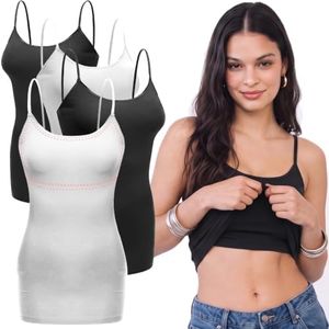 Emmalise Women Camisole Built in Bra Wireless Fabric Support Long Layering Cami, Large, 4Pk Black White Black White