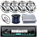JVC Marine Boat Yacht Radio Bluetooth Media Player Receiver Bundle Combo With 4 x 6.5" 2-Way Coaxial White Speakers & 4Ch Amp