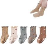 WATOCHE Baby Girls Socks Toddlers Ruffle Frilly Socks for Toddler Girls Baby Nonslip Cotton with Grips(Anti-slip Flower,0-6M)