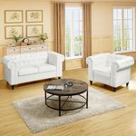 Naomi Home Emery Chesterfield Love Seat & Accent Chair with Rolled Arms, Tufted Cushions for, Living Room, Bedroom, Apartment Easy Tool-Free Assembly – Off White