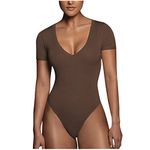 SHOPESSA Seamless Bodysuit for Women Thong Shapewear Bodysuit Tummy Control Body Shaper Smoke Cloud Collection Body Suit, Short Sleeve V Neck Bodysuit for Women - Coffee, Large