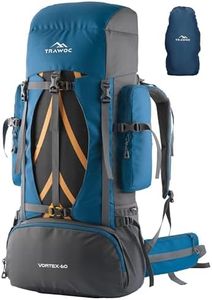 TRAWOC Vortex 60L Travel Backpack for Men & Women | Trekking Hiking Rucksack with Laptop Sleeve, YKK Zippers, Rain-Cover, Padded Hip Belt & Air Mesh Back | 3 Year Warranty | Englishblue