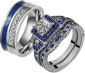 ringheart 2 His and Hers Ring Couple Rings White Gold Plated Princess Cut Cz Womens Wedding Ring Sets Blue Titanium Steel Mens Wedding Bands