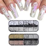 3D Nail Charms, 2 Boxes Multi-Shape Nail Art Charms Nail Rhinestones Flat Nail Pearls Gold Silver Caviar Beads Crystal Nail Gems for Nail Art Decoration DIY Crafts (F)