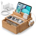 Pezin & Hulin Bamboo Charging Station with Lined Tray & Drawer, Desktop Dock Organizer with USB Wall Charger, Compatible with Tablet, Cell Phone, Earbuds, Smartwatch, and More